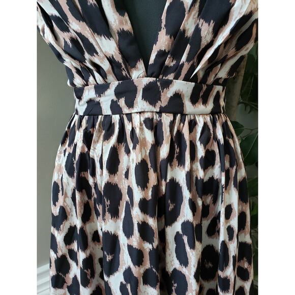 SHEIN Long Maxi Dress Womens Size 2 Black & Beige Leopard Plunge Neck Sleeveless - Picture 4 of 16
